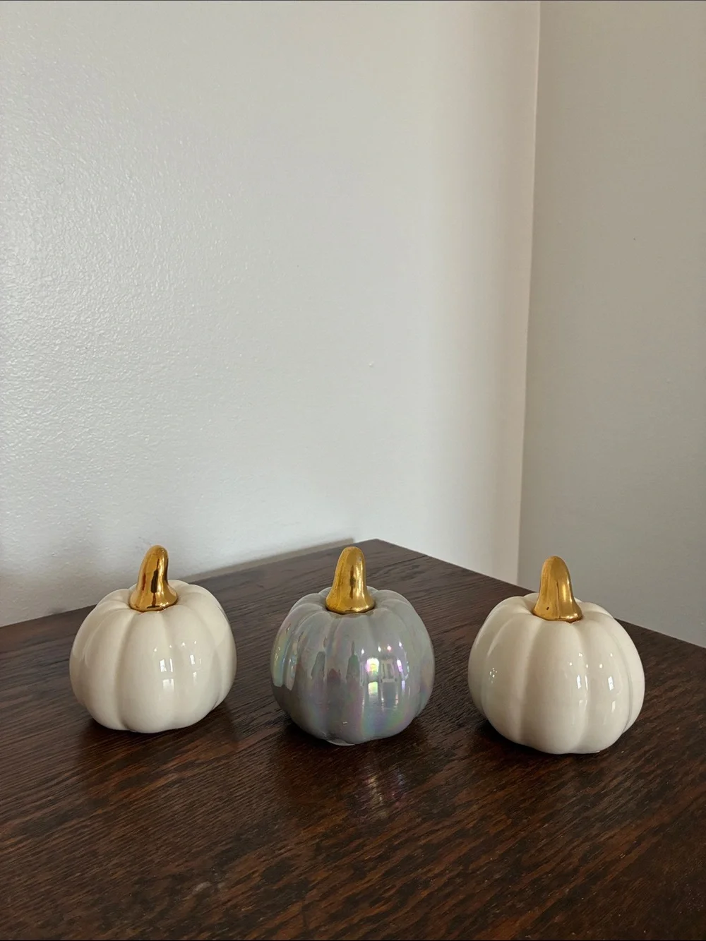 NWT- Set of 3- White & Gray Pearl Iridescent- Ceramic Pumpkins with Gold Stems